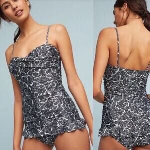 Allihop Anthropologie One Piece Swimsuit Black White Floral Skirted Size small